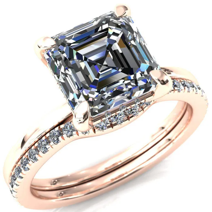 Rings Fire Brilliance Carmeli Asscher Moissanite 4 Claw Prong Micro Pave Diamond Rail Engagement Ring