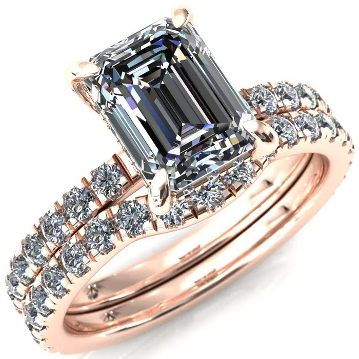 Rings Fire Brilliance Daneli Emerald Moissanite 4 Claw Prong Micro Pave Diamond Sides Engagement Ring Rings Fire Brilliance Daneli Emerald Moissanite 4 Claw Prong Micro Pave Diamond Sides Engagement Ring