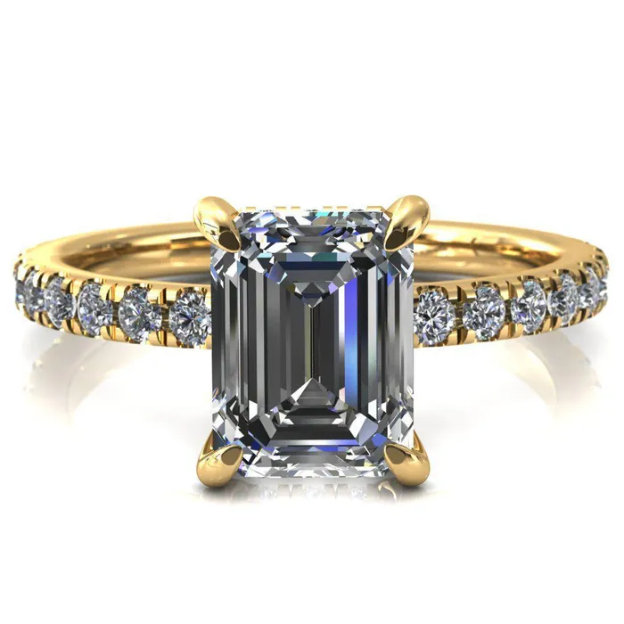 Rings Fire Brilliance Daneli Emerald Moissanite 4 Claw Prong Micro Pave Diamond Sides Engagement Ring