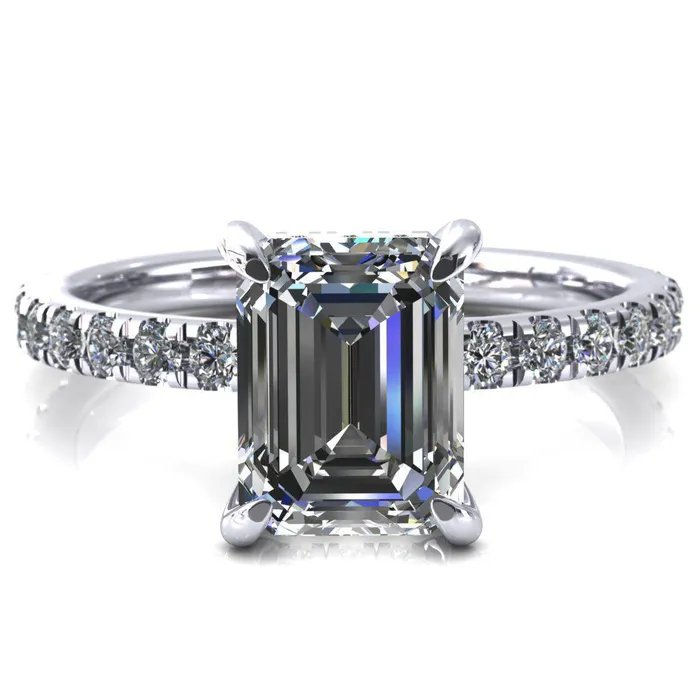Rings Fire Brilliance Daneli Emerald Moissanite 4 Claw Prong Micro Pave Diamond Sides Engagement Ring
