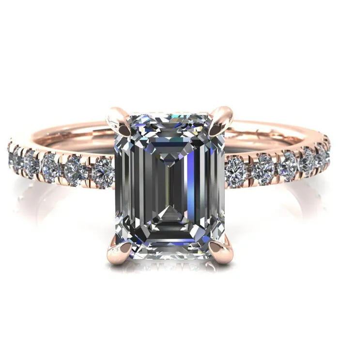 Rings Fire Brilliance Daneli Emerald Moissanite 4 Claw Prong Micro Pave Diamond Sides Engagement Ring