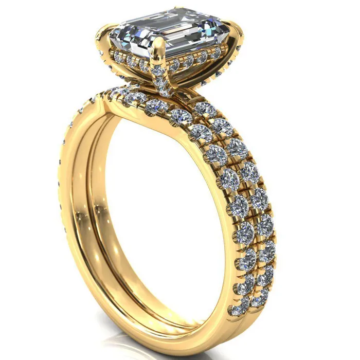 Rings Fire Brilliance Daneli Emerald Moissanite 4 Claw Prong Micro Pave Diamond Sides Engagement Ring