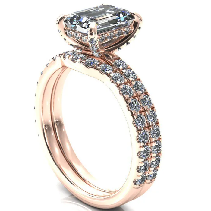 Rings Fire Brilliance Daneli Emerald Moissanite 4 Claw Prong Micro Pave Diamond Sides Engagement Ring