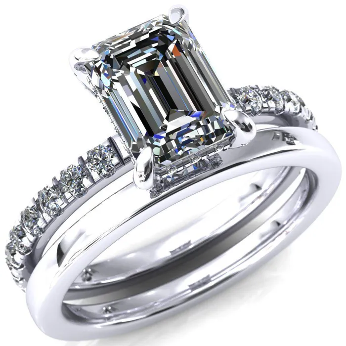Rings Fire Brilliance Daneli Emerald Moissanite 4 Claw Prong Micro Pave Diamond Sides Engagement Ring