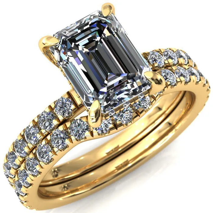 Rings Fire Brilliance Daneli Emerald Moissanite 4 Claw Prong Micro Pave Diamond Sides Engagement Ring