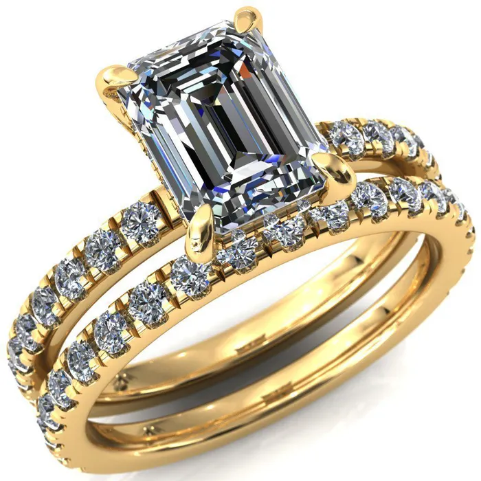 Rings Fire Brilliance Daneli Emerald Moissanite 4 Claw Prong Micro Pave Diamond Sides Engagement Ring