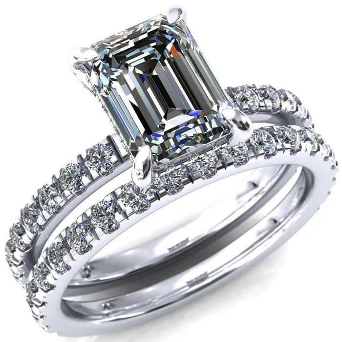 Rings Fire Brilliance Daneli Emerald Moissanite 4 Claw Prong Micro Pave Diamond Sides Engagement Ring