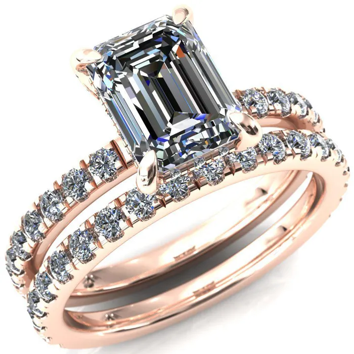 Rings Fire Brilliance Daneli Emerald Moissanite 4 Claw Prong Micro Pave Diamond Sides Engagement Ring