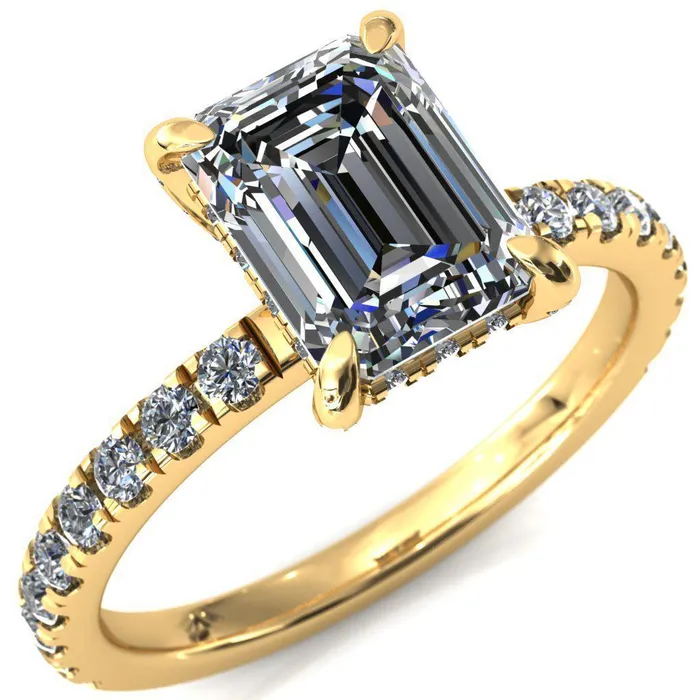 Rings Fire Brilliance Daneli Emerald Moissanite 4 Claw Prong Micro Pave Diamond Sides Engagement Ring