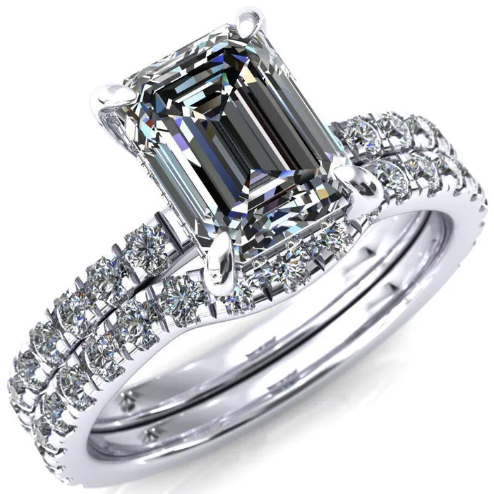 Rings Fire Brilliance Daneli Emerald Moissanite 4 Claw Prong Micro Pave Diamond Sides Engagement Ring