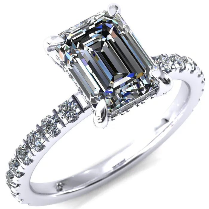 Rings Fire Brilliance Daneli Emerald Moissanite 4 Claw Prong Micro Pave Diamond Sides Engagement Ring