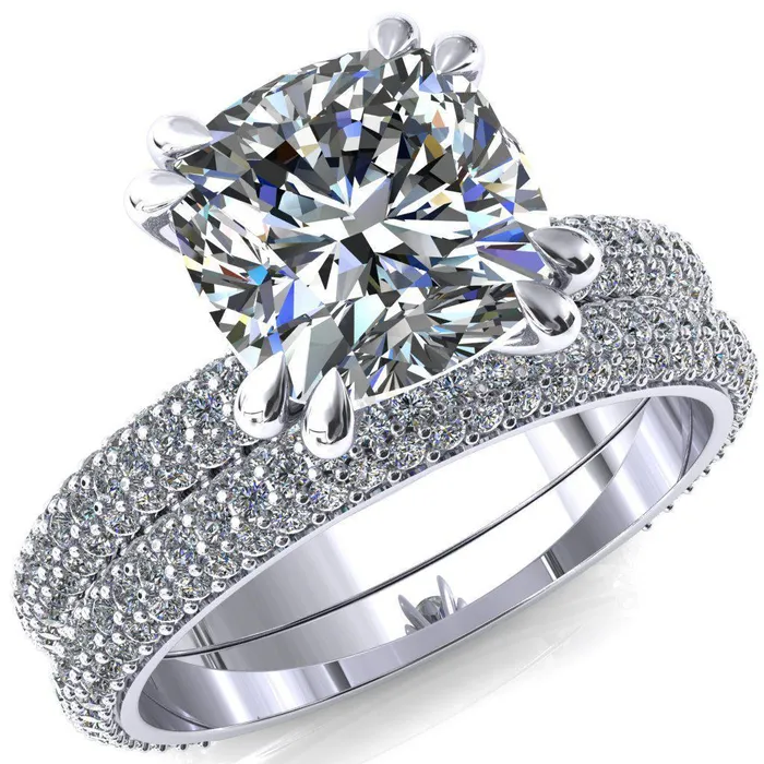 Rings Fire Brilliance Elley Cushion Moissanite 4 Claw Prong Diamond Accent Engagement Ring Rings Fire Brilliance Elley Cushion Moissanite 4 Claw Prong Diamond Accent Engagement Ring