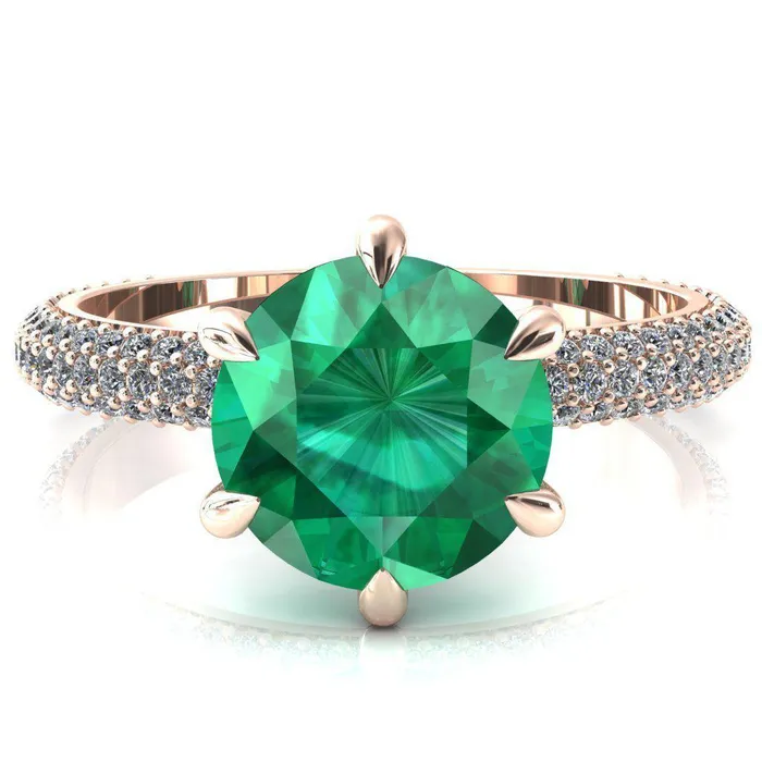 Rings Fire Brilliance Elley Round Emerald 6 Claw Prong Diamond Accent Engagement Ring