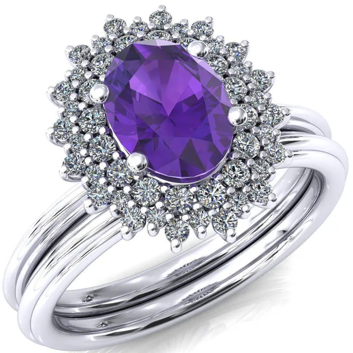 Rings Fire Brilliance Eridanus Oval LabCreated Amehyst Cluster Diamond Halo Wedding Ring