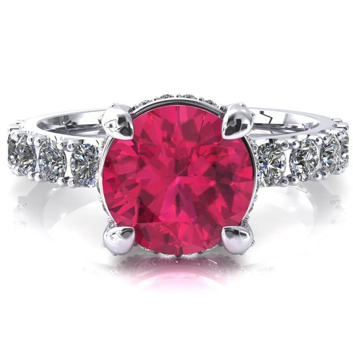 Rings Fire Brilliance Grandeur Round Ruby 4 Prong Basket and Half Eternity Fire Ring Rings Fire Brilliance Grandeur Round Ruby 4 Prong Basket and Half Eternity Fire Ring