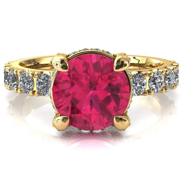 Rings Fire Brilliance Grandeur Round Ruby 4 Prong Basket and Half Eternity Fire Ring
