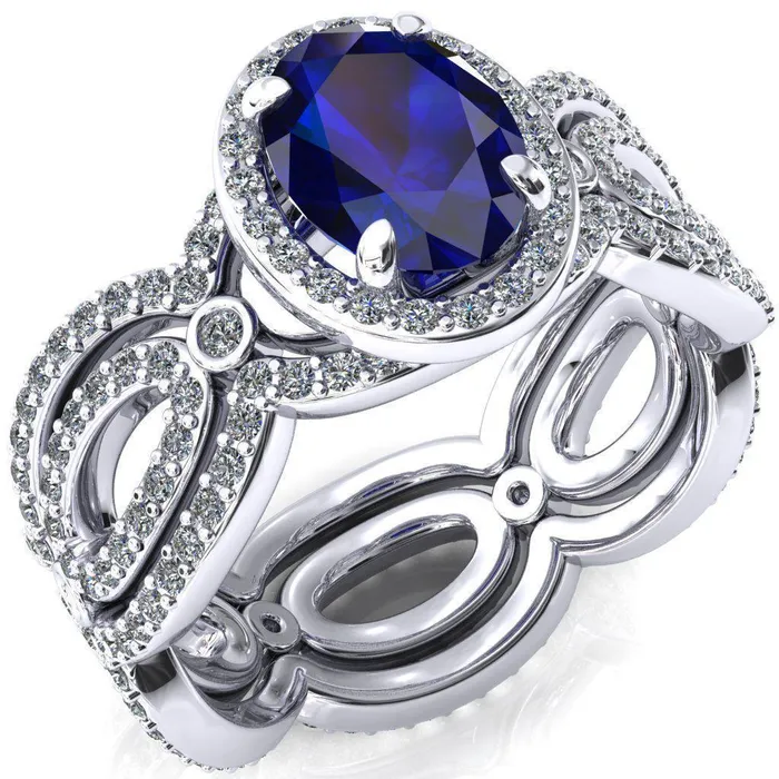 Rings Fire Brilliance Polaris Oval Blue Sapphire 4 Claw Prongs Diamond Halo Full Eternity Accent Ring Rings Fire Brilliance Polaris Oval Blue Sapphire 4 Claw Prongs Diamond Halo Full Eternity Accent Ring