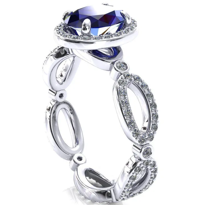 Rings Fire Brilliance Polaris Oval Blue Sapphire 4 Claw Prongs Diamond Halo Full Eternity Accent Ring