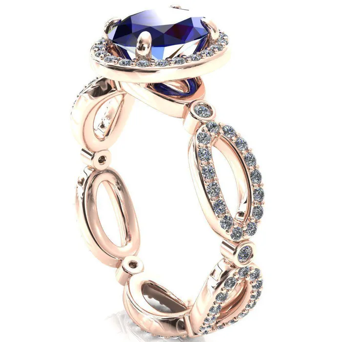 Rings Fire Brilliance Polaris Oval Blue Sapphire 4 Claw Prongs Diamond Halo Full Eternity Accent Ring