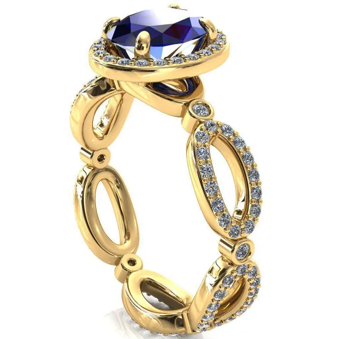 Rings Fire Brilliance Polaris Oval Blue Sapphire 4 Claw Prongs Diamond Halo Full Eternity Accent Ring