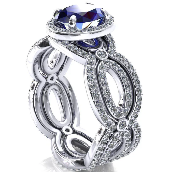 Rings Fire Brilliance Polaris Oval Blue Sapphire 4 Claw Prongs Diamond Halo Full Eternity Accent Ring