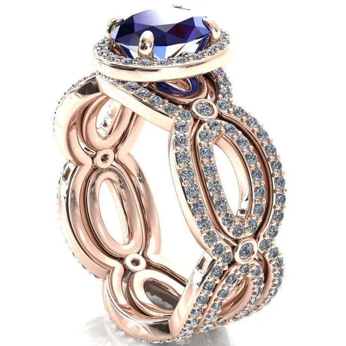 Rings Fire Brilliance Polaris Oval Blue Sapphire 4 Claw Prongs Diamond Halo Full Eternity Accent Ring