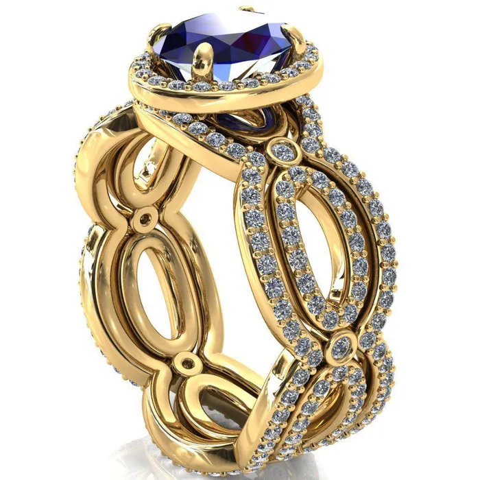 Rings Fire Brilliance Polaris Oval Blue Sapphire 4 Claw Prongs Diamond Halo Full Eternity Accent Ring