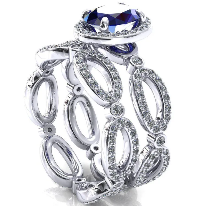 Rings Fire Brilliance Polaris Oval Blue Sapphire 4 Claw Prongs Diamond Halo Full Eternity Accent Ring