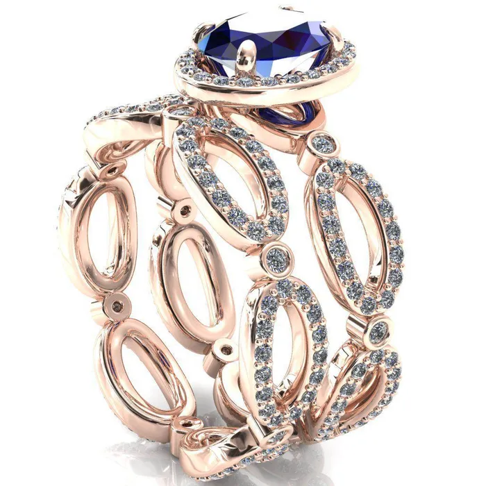 Rings Fire Brilliance Polaris Oval Blue Sapphire 4 Claw Prongs Diamond Halo Full Eternity Accent Ring