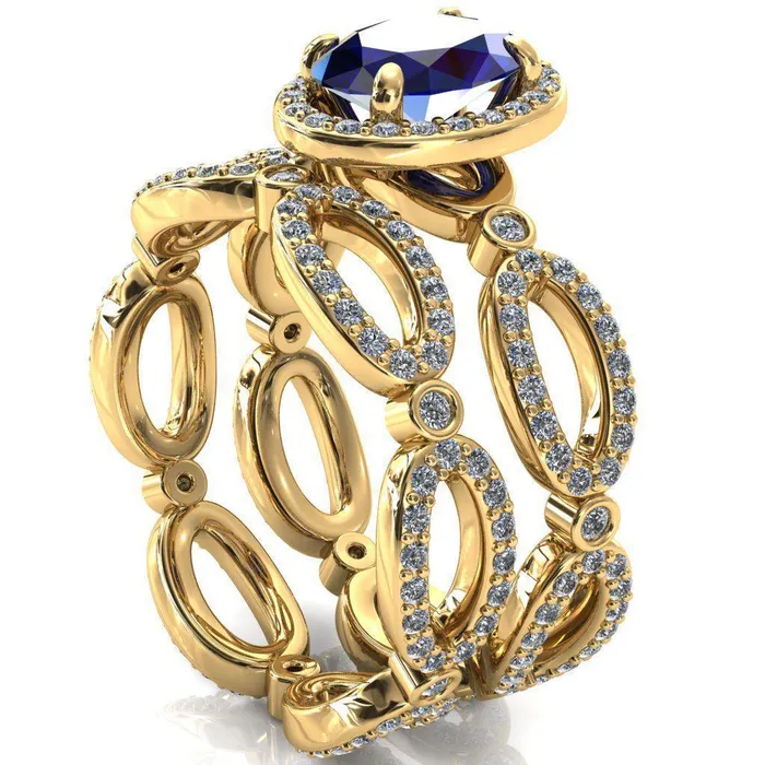 Rings Fire Brilliance Polaris Oval Blue Sapphire 4 Claw Prongs Diamond Halo Full Eternity Accent Ring