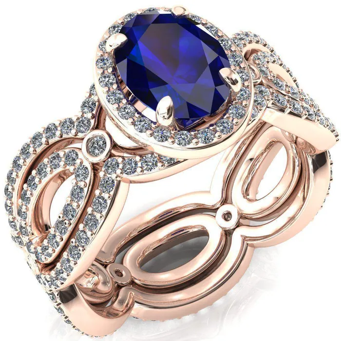 Rings Fire Brilliance Polaris Oval Blue Sapphire 4 Claw Prongs Diamond Halo Full Eternity Accent Ring