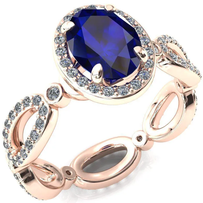 Rings Fire Brilliance Polaris Oval Blue Sapphire 4 Claw Prongs Diamond Halo Full Eternity Accent Ring