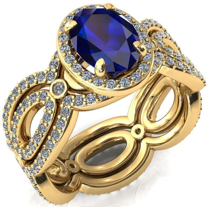 Rings Fire Brilliance Polaris Oval Blue Sapphire 4 Claw Prongs Diamond Halo Full Eternity Accent Ring