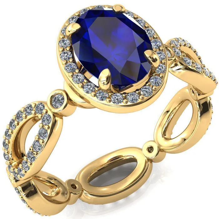 Rings Fire Brilliance Polaris Oval Blue Sapphire 4 Claw Prongs Diamond Halo Full Eternity Accent Ring