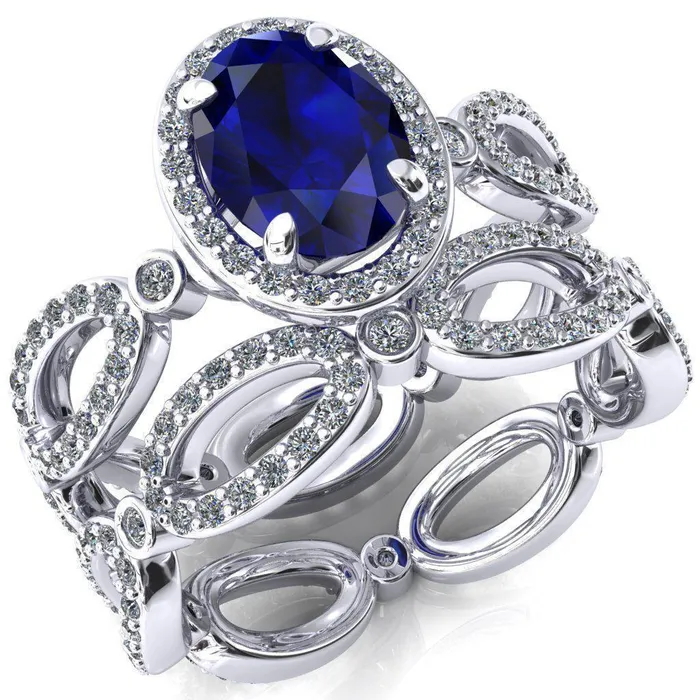 Rings Fire Brilliance Polaris Oval Blue Sapphire 4 Claw Prongs Diamond Halo Full Eternity Accent Ring