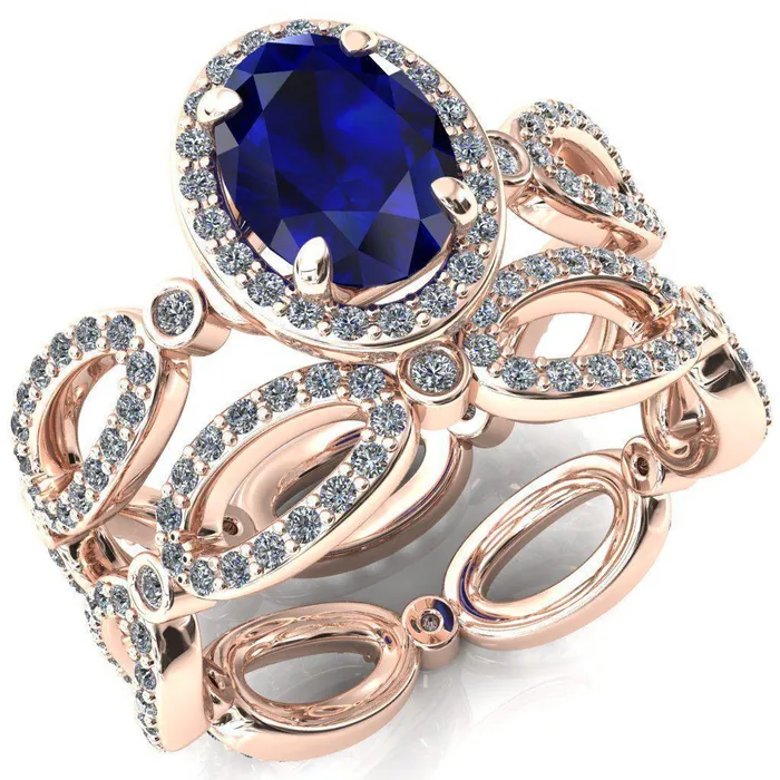 Rings Fire Brilliance Polaris Oval Blue Sapphire 4 Claw Prongs Diamond Halo Full Eternity Accent Ring