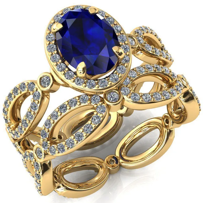 Rings Fire Brilliance Polaris Oval Blue Sapphire 4 Claw Prongs Diamond Halo Full Eternity Accent Ring