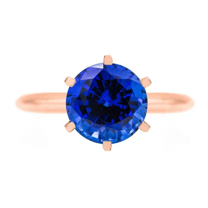 Rings Fire Brilliance Round Blue Sapphire 14K Rose Gold 6 Prongs Solitaire Ring Rings Fire Brilliance Round Blue Sapphire 14K Rose Gold 6 Prongs Solitaire Ring