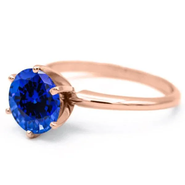 Rings Fire Brilliance Round Blue Sapphire 14K Rose Gold 6 Prongs Solitaire Ring