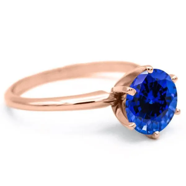 Rings Fire Brilliance Round Blue Sapphire 14K Rose Gold 6 Prongs Solitaire Ring