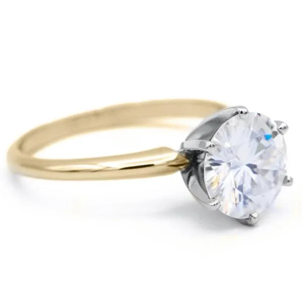 Rings Fire Brilliance Round Center Stone 14K or 18K TwoTone Yellow Gold Band and White Gold 6 Prongs Solitaire Ring