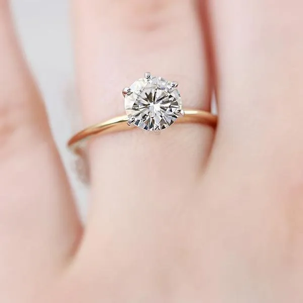 Rings Fire Brilliance Round Center Stone 14K or 18K TwoTone Yellow Gold Band and White Gold 6 Prongs Solitaire Ring