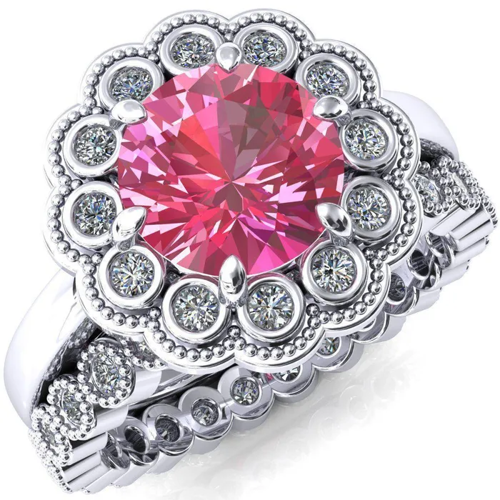 Rings Fire Brilliance Zinnia Round Pink Sapphire 6 Prongs Milgrain Halo Accent Diamonds Ring Rings Fire Brilliance Zinnia Round Pink Sapphire 6 Prongs Milgrain Halo Accent Diamonds Ring