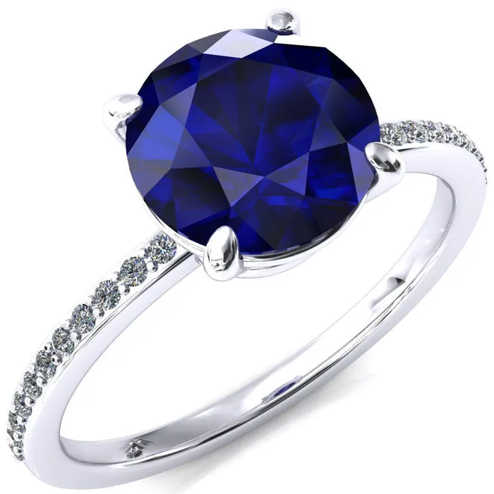 Rings Flora Round Blue Sapphire 4 Prong 12 Bead Eternity Diamond Accent Engagement Ring Fire Brilliance 