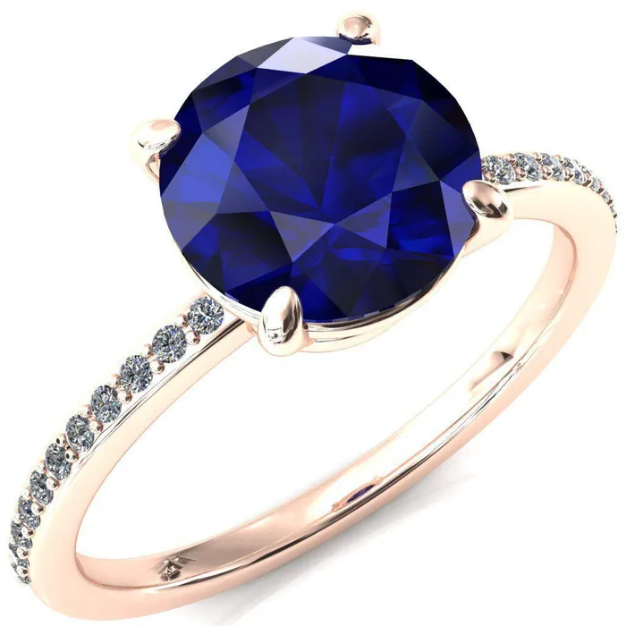 Rings Flora Round Blue Sapphire 4 Prong 12 Bead Eternity Diamond Accent Engagement Ring Fire Brilliance 
