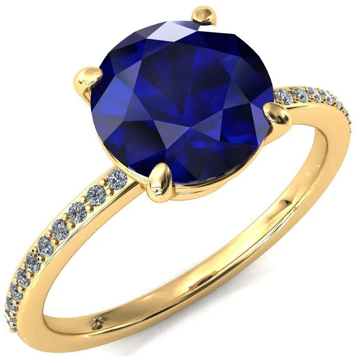 Rings Flora Round Blue Sapphire 4 Prong 12 Bead Eternity Diamond Accent Engagement Ring Fire Brilliance 