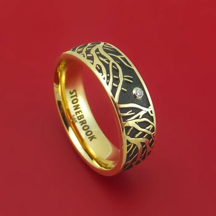Rings Lashbrook 14K Yellow Gold Ring with Tree Branches and Diamond Custom Made Band Rings Lashbrook 14K Yellow Gold Ring with Tree Branches and Diamond Custom Made Band