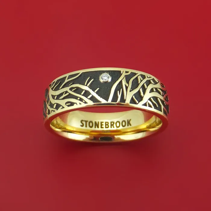 Rings Lashbrook 14K Yellow Gold Ring with Tree Branches and Diamond Custom Made Band