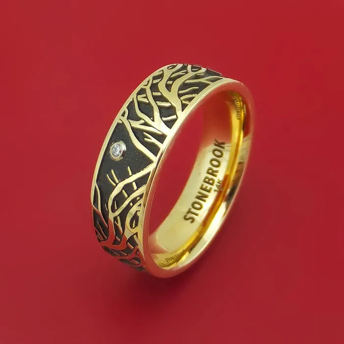 Rings Lashbrook 14K Yellow Gold Ring with Tree Branches and Diamond Custom Made Band