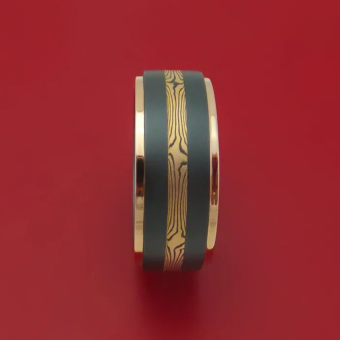 Rings Lashbrook Black Zirconium and Mokume Ring with Gold Edges Custom Made Band Rings Lashbrook Black Zirconium and Mokume Ring with Gold Edges Custom Made Band